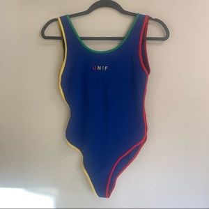 UNIF Bodysuit Logo front Blue red Yellow size tag removed refer to measurements